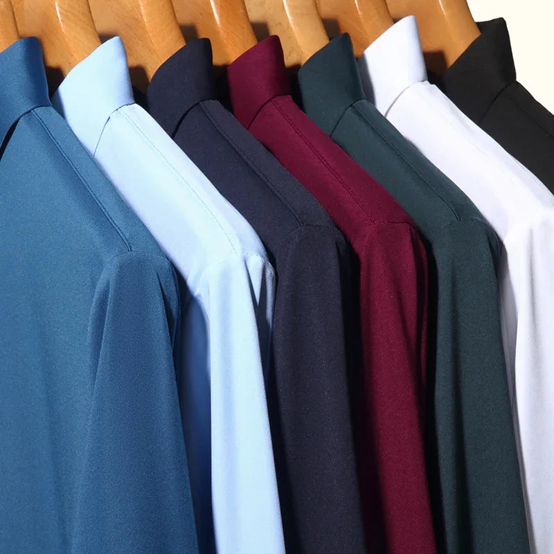 Introducing the Premium Men's Ultra-Stretch Shirt! This high-quality, silky long-sleeve shirt is perfect for both business formal and casual wear.