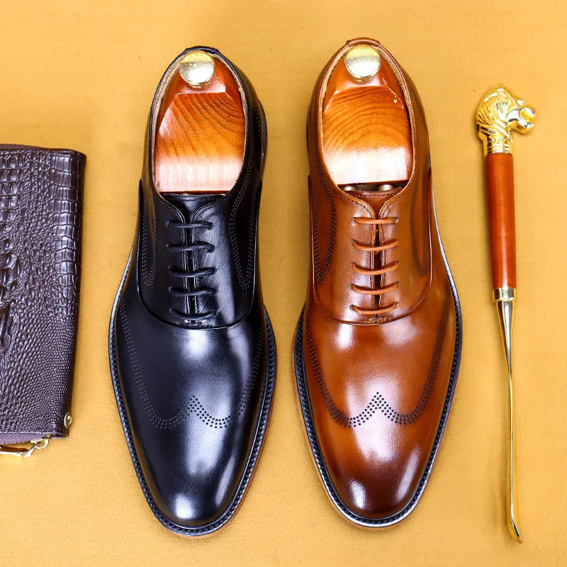 HNXC Men’s Oxford Brogue Shoes: Genuine leather in black or brown. Classic round-toe design with lace-up closure, perfect for formal events, weddings, or office wear. Timeless, stylish, and versatile dress shoes for men.