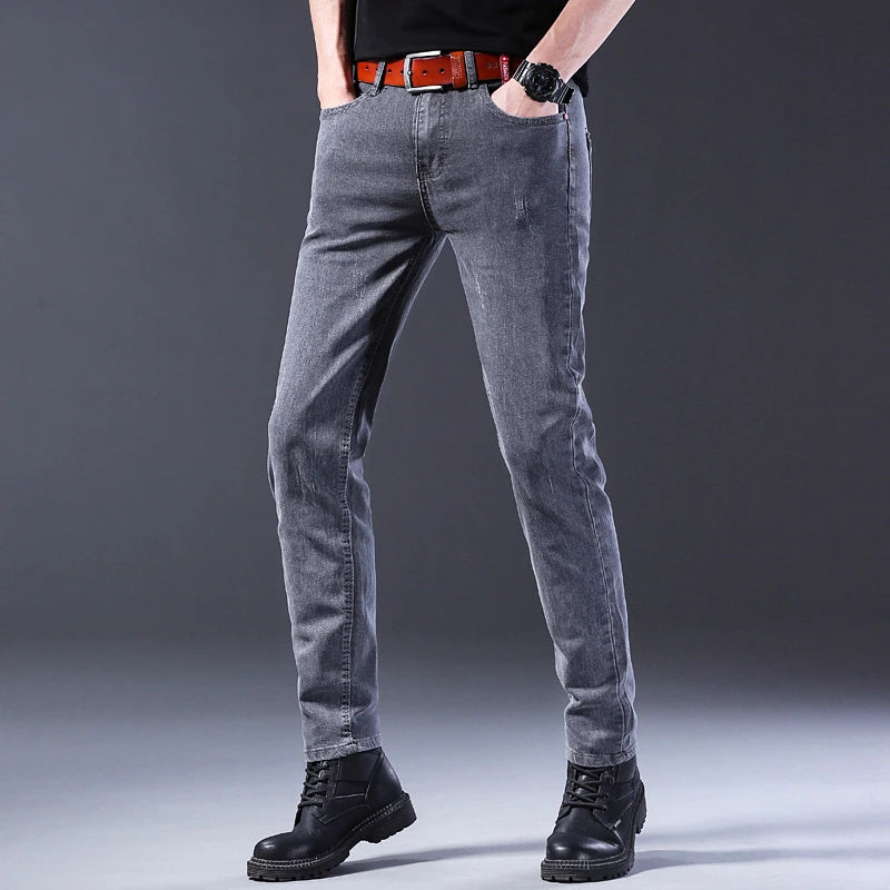 Discover our latest fashion: men's straight grey middle-waist casual denim trousers, blending style and comfort effortlessly.