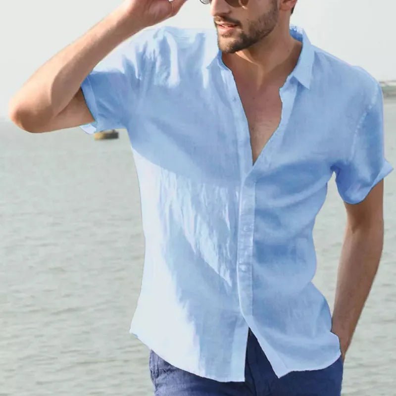 Summer Short Sleeve Shirts Man Cotton Linen Shirt Men White