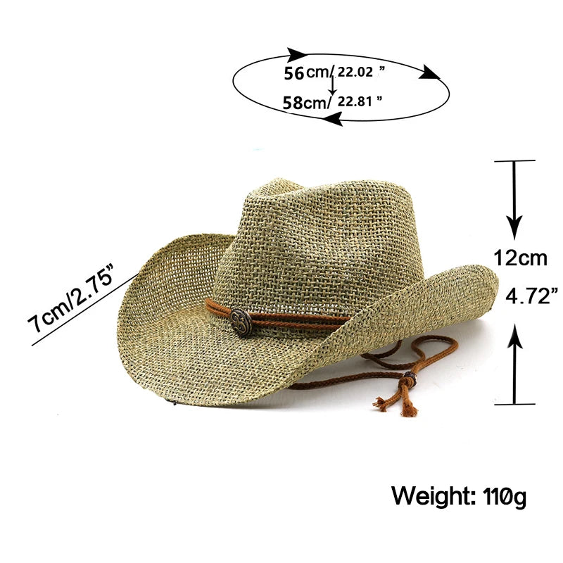 "Upgrade your summer style with our personalized western cowboy straw hat. Perfect for the beach, this simple sun hat for men offers a comfortable fit in sizes 56-58CM."