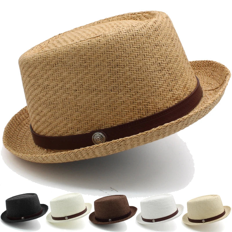 "Elevate your summer style with our Men's Straw Pork Pie Hats – perfect for outdoor adventures, beach days, and travel. Available in US size 7 1/4 and UK size L."