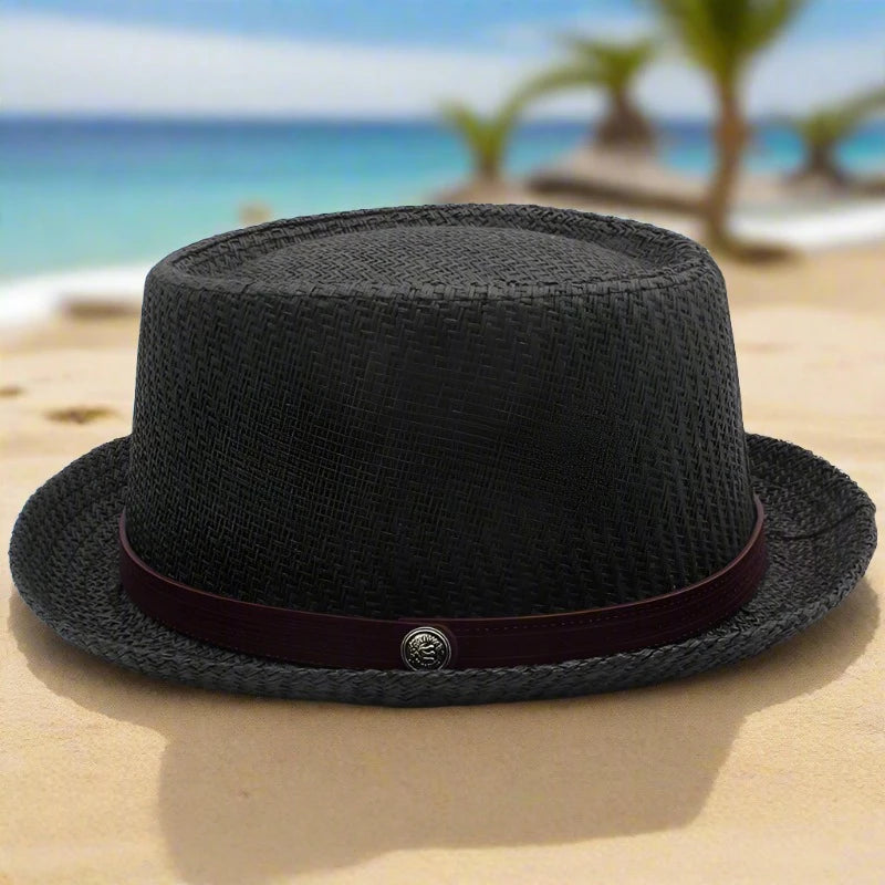 "Elevate your summer style with our Men's Straw Pork Pie Hats – perfect for outdoor adventures, beach days, and travel. Available in US size 7 1/4 and UK size L."