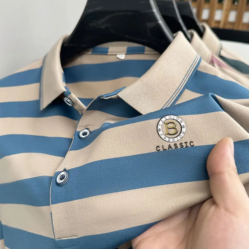 Hey, check out this cool item: New Men's Summer 2024 Letter Printed Short-Sleeved Striped Polo Shirt - perfect for business casual wear, and it's skin-friendly and soft too!