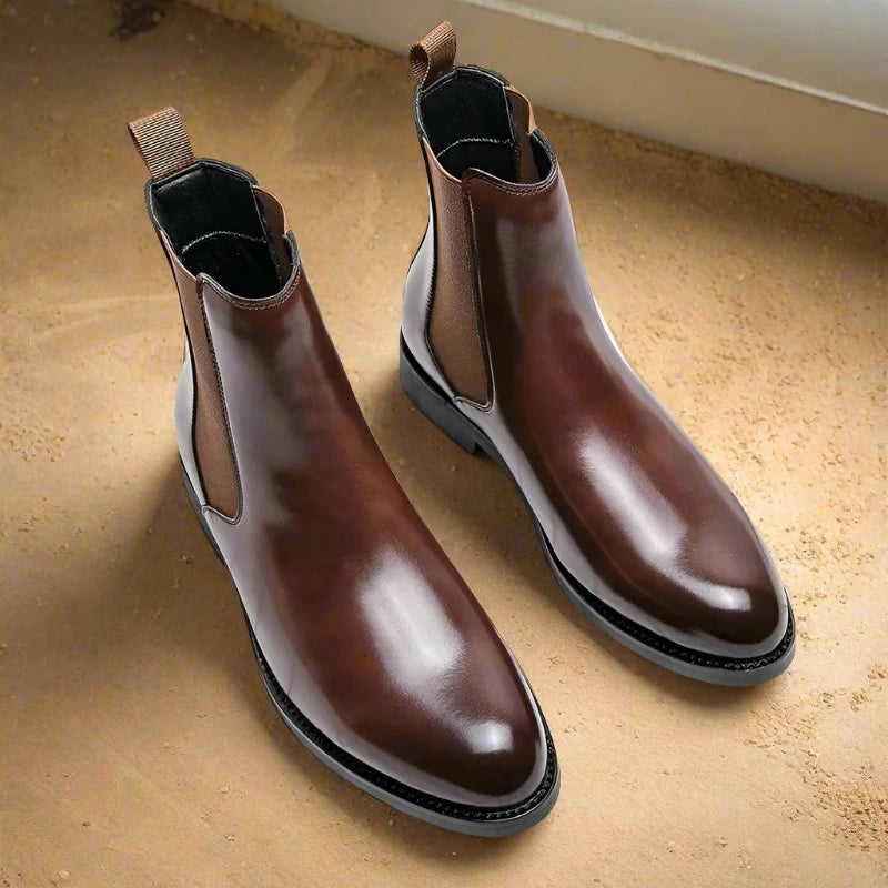 Elevate your style with British Style Chelsea Boots for men. Perfect for autumn, this mid-calf, split leather dress shoes are ideal for business and formal occasions. Experience timeless elegance and comfort with every step.