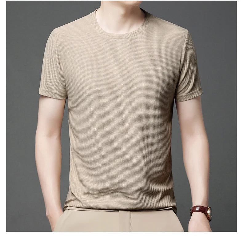 Introducing our new summer waffle-textured round neck short-sleeved t-shirt for men, combining comfort and style effortlessly.