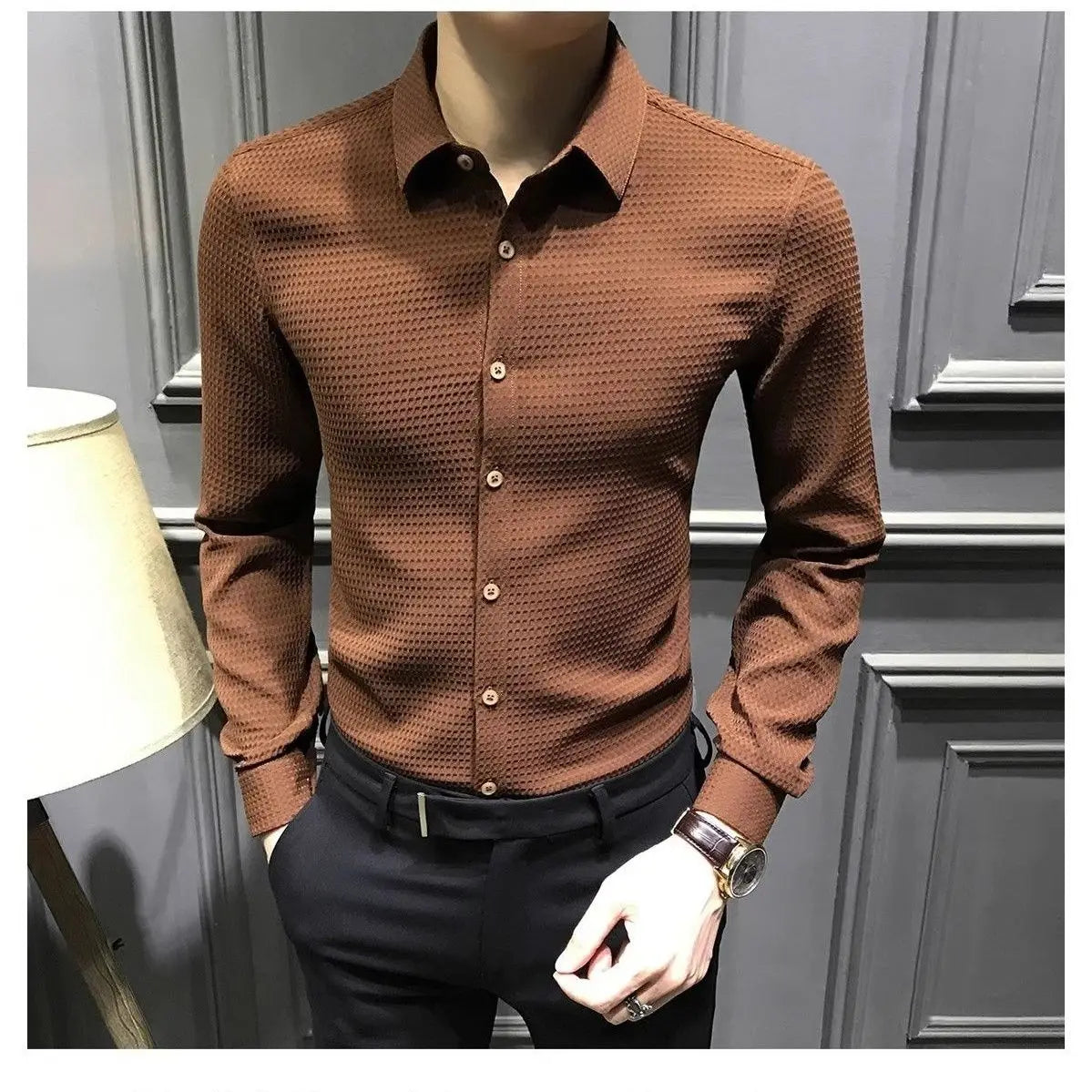 Elevate your wardrobe with the 2023 new fashion long sleeve shirt featuring solid colors and a stylish turn-down collar!