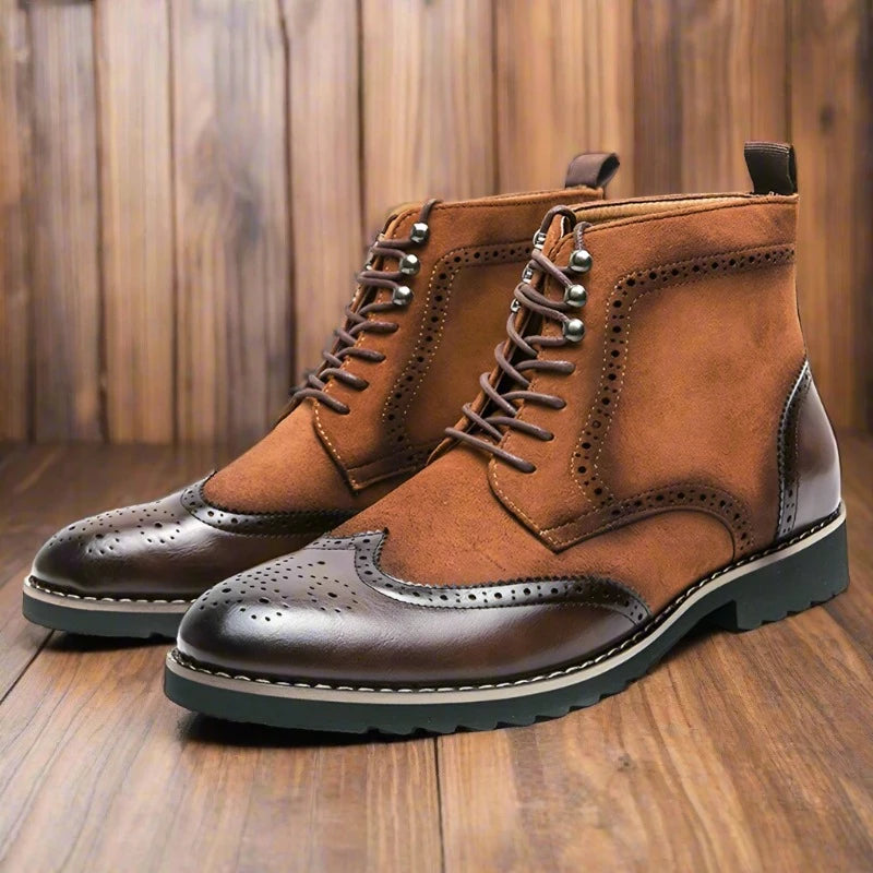 "Step up your style with Fashion Patchwork Leather Boots for Men. Crafted from suede and split leather, these Chelsea boots seamlessly blend leisure and formal wear, making them perfect for winter.