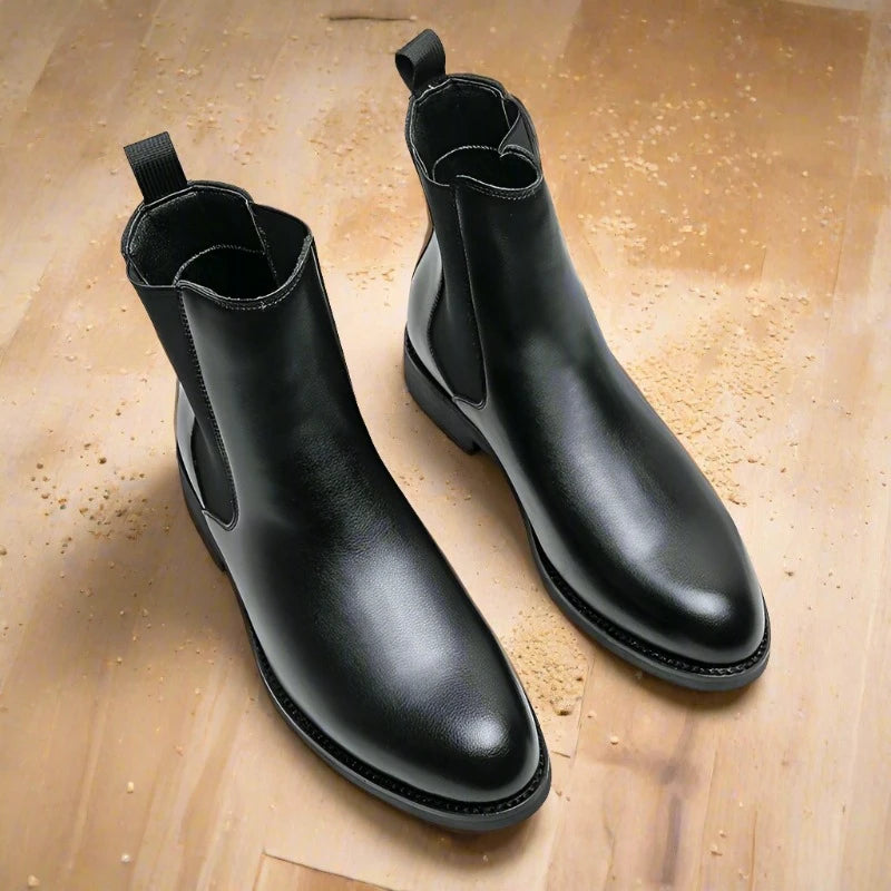 Elevate your style with British Style Chelsea Boots for men. Perfect for autumn, this mid-calf, split leather dress shoes are ideal for business and formal occasions. Experience timeless elegance and comfort with every step.