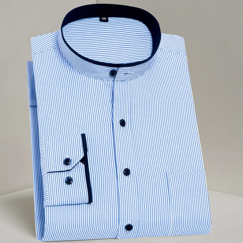 Elevate your professional look with our men's long sleeve, anti-wrinkle shirt featuring a slim fit and small lapel, perfect for business formal attire.