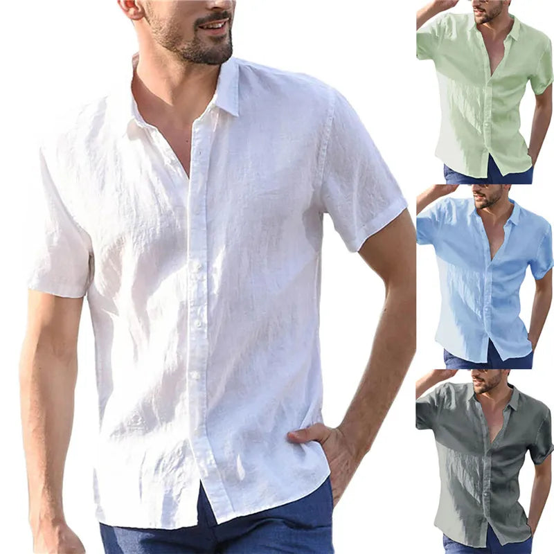 Summer Short Sleeve Shirts Man Cotton Linen Shirt Men White