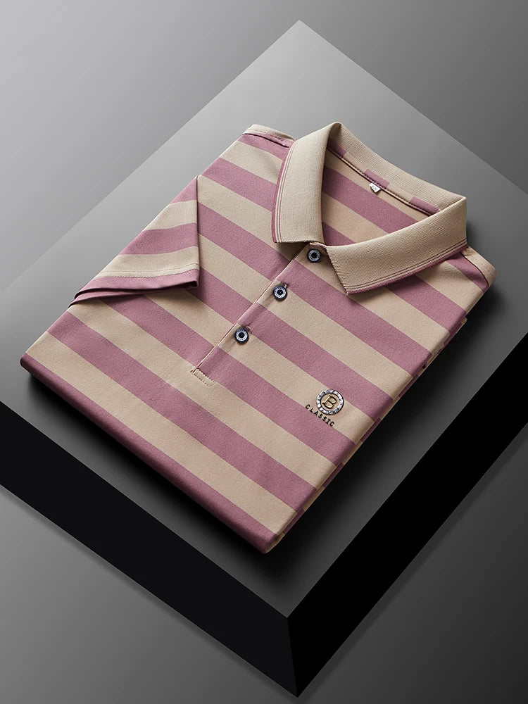 Hey, check out this cool item: New Men's Summer 2024 Letter Printed Short-Sleeved Striped Polo Shirt - perfect for business casual wear, and it's skin-friendly and soft too!