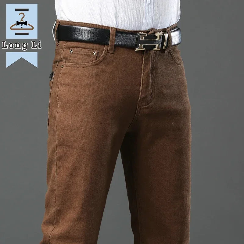 Elevate your autumn style with these slim brown jeans for men. Crafted from high-stretch, high-quality denim. Add sophistication to your business casual look. A perfect blend of timeless style and comfort for the modern man.