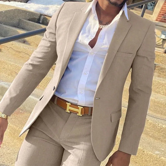 2-Piece Beige Suit for Men: Slim Fit Wedding Groom Tuxedo. Stylish for Groomsmen, this Male Fashion Smoking Costume features a Blazer with matching Pants, perfect for formal events. Elegant and tailored for a sharp look.