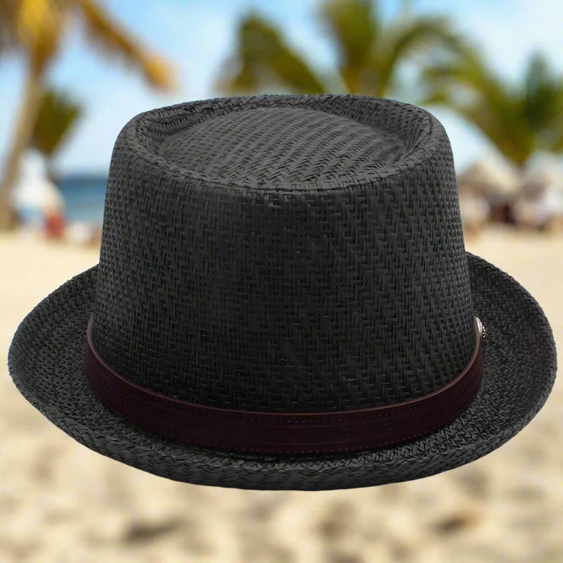 "Elevate your summer style with our Men's Straw Pork Pie Hats – perfect for outdoor adventures, beach days, and travel. Available in US size 7 1/4 and UK size L."