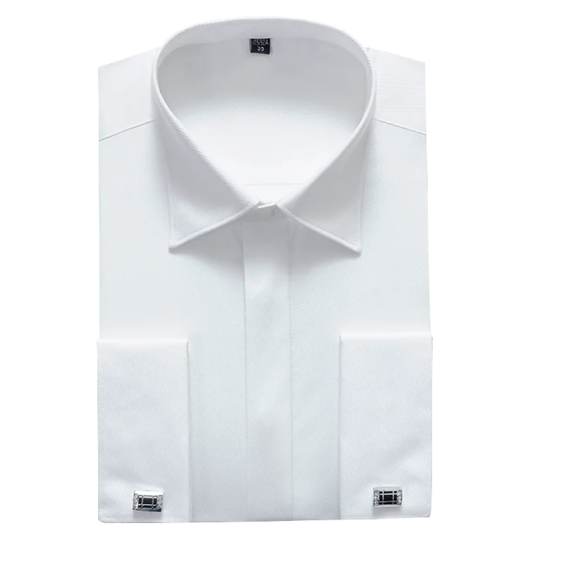 Men's French Cuff Dress Shirt in Solid Twill for Parties, Weddings, and Tuxedo Events Complete with Cufflinks. Made with Easy Care Fabric for Business and Formal Attire.